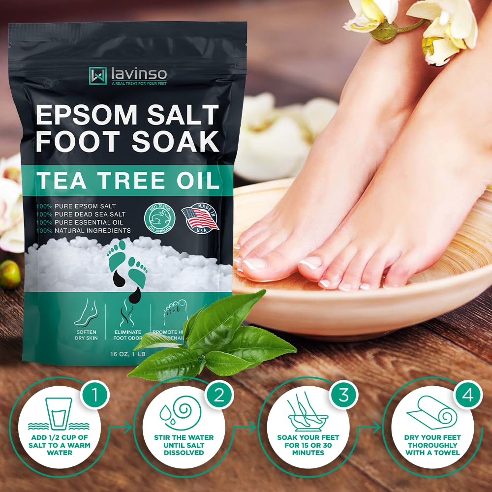Tea Tree Oil Foot Soak with Epsom Salt - Made in USA - for Toenail Health, Athletes Foot, Stubborn Foot Odor, Softens Calluses & Soothes Sore Tired Feet - 1 LB