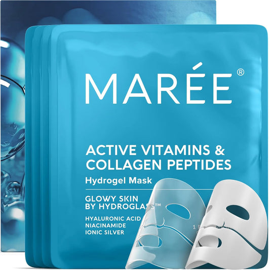 MAREE Collagen Facial Mask with Hyaluronic Acid - Hydrating Face Masks Skincare - Mascarillas Faciales For Women Skin Care - White, 4 Count