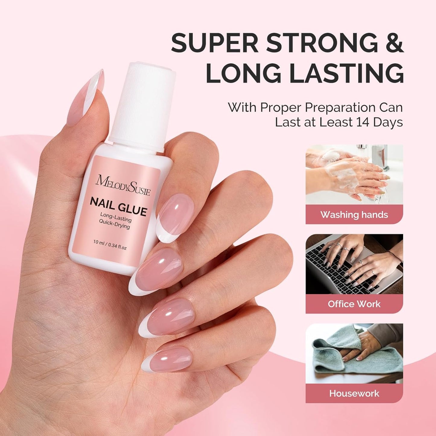 MelodySusie Nail Glue for Press on Nails Acrylic Nail Tips Quick-Drying Super Strong Long Lasting Adhesive for Fake Nails No UV Lamp Needed with Easy Application 10ml