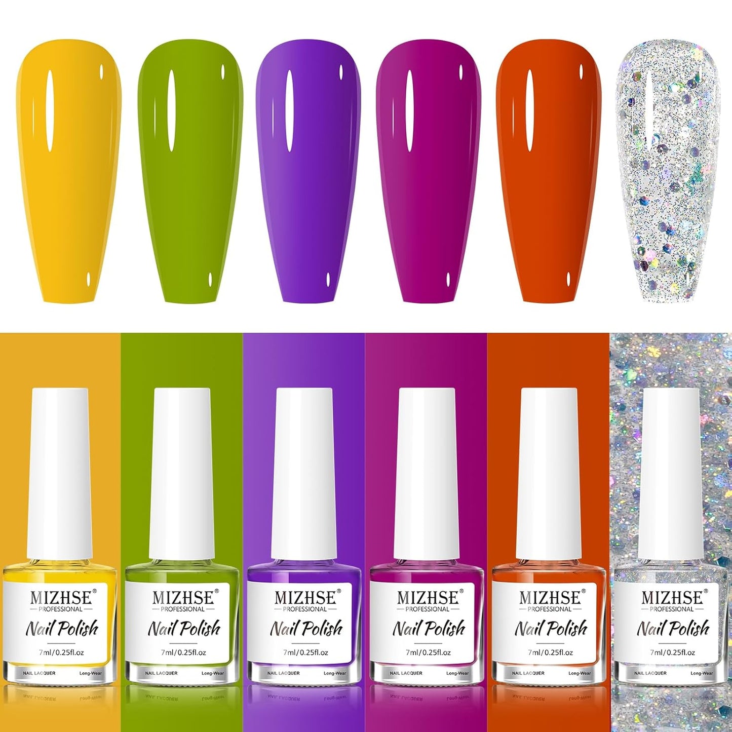 MIZHSE Nail Polish Set, Bright Colors Quick Dry Nail Polish for Women Girls, Fall Nail Lacquer Yellow Green Purple Rose Pink Air Dry Fingernail Polish for DIY Nail Art Salon, Ideal Non-Gel Gift Set