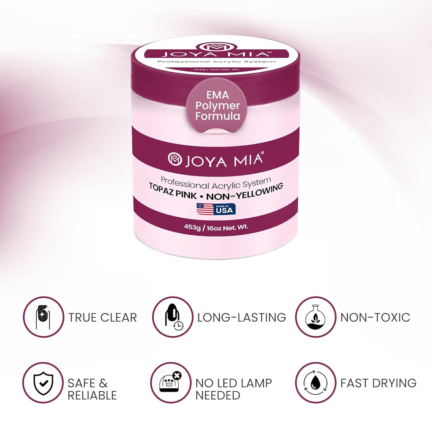 Joya Mia Acrylic Powder for Nails, MMA-Free, Super Adhesion Professional Powder for Flawless & Long-Lasting Nail Enhancements, Easy Application, Vibrant & Stunning Colors - Topaz Pink, 5 lbs