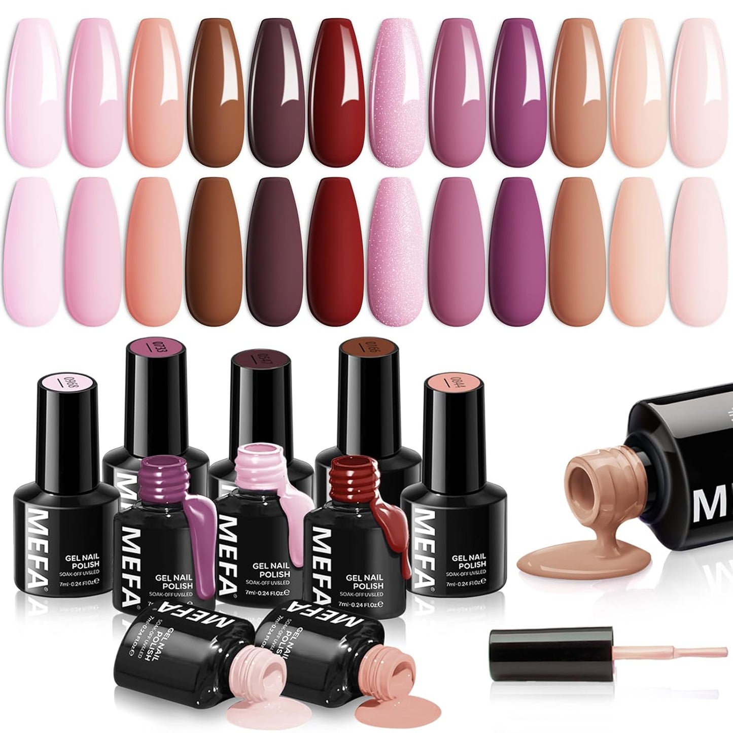 MEFA Gel Nail Polish Set, 12 Colors Purple Gel Polish Set Burgundy Red Nail Polish Soak Off Pink Nude Brown Nail Gifts for Women Girl DIY Salon Home Manicure