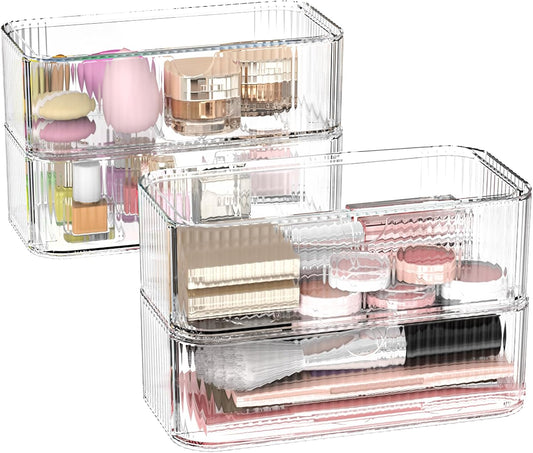 4 Pack Stackable Storage Drawers, Clear Acrylic Makeup Organizer for Vanity, Plastic Storage Bins, Multi-Purpose Cosmetic Display Organizers for Jewelry, Bathroom, Office, Pantry, Home Organization