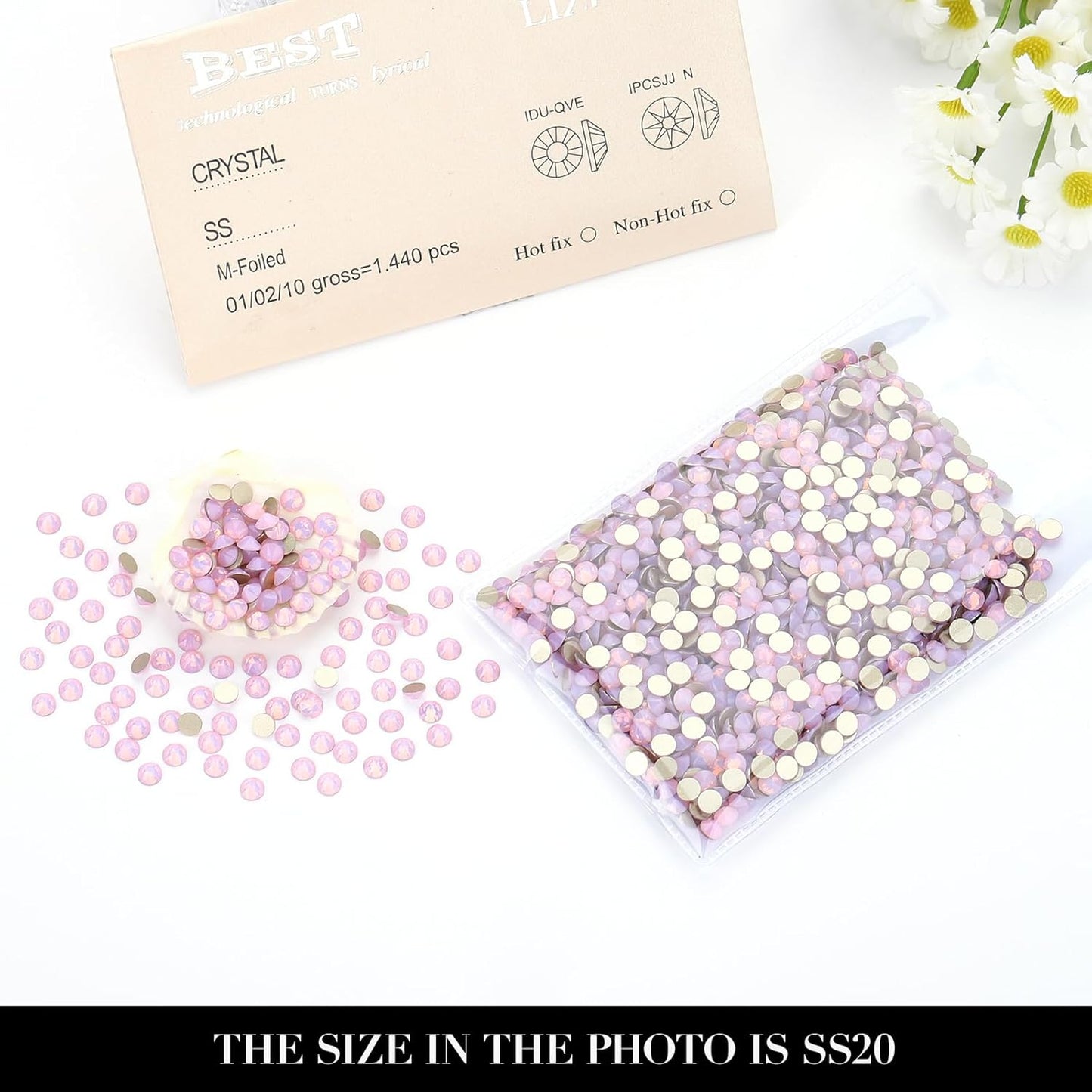 Novani Pink Opal Rhinestones 1440pcs Flat Back Round Rhinestone Style 2088 Sparkly Crystal Gemstones for Nail Art and Crafting SS20,4.6-4.8mm