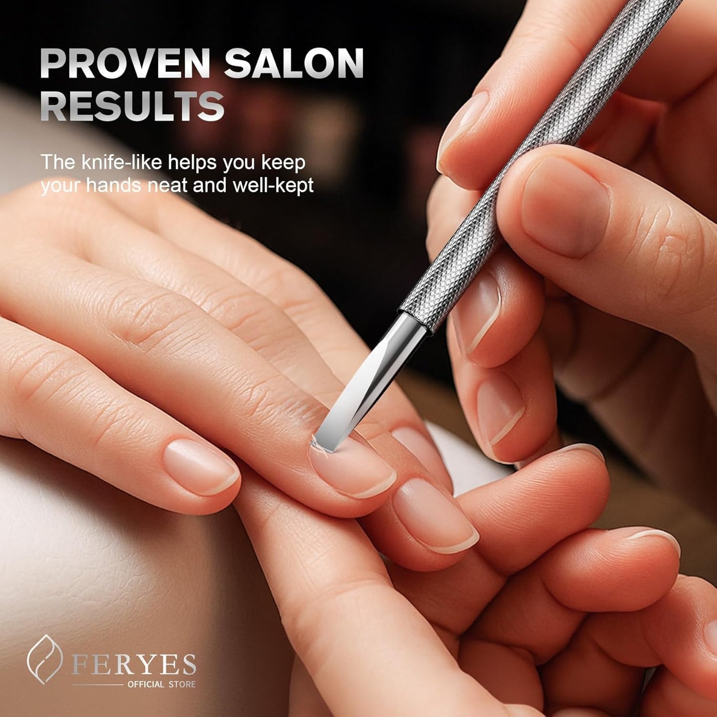 FERYES Professional Cuticle Pusher & Remover Tool - Stainless Steel Dual-Sided Nail Care Tool for Manicure & Pedicure - 5.2 Inch Salon & Home Use