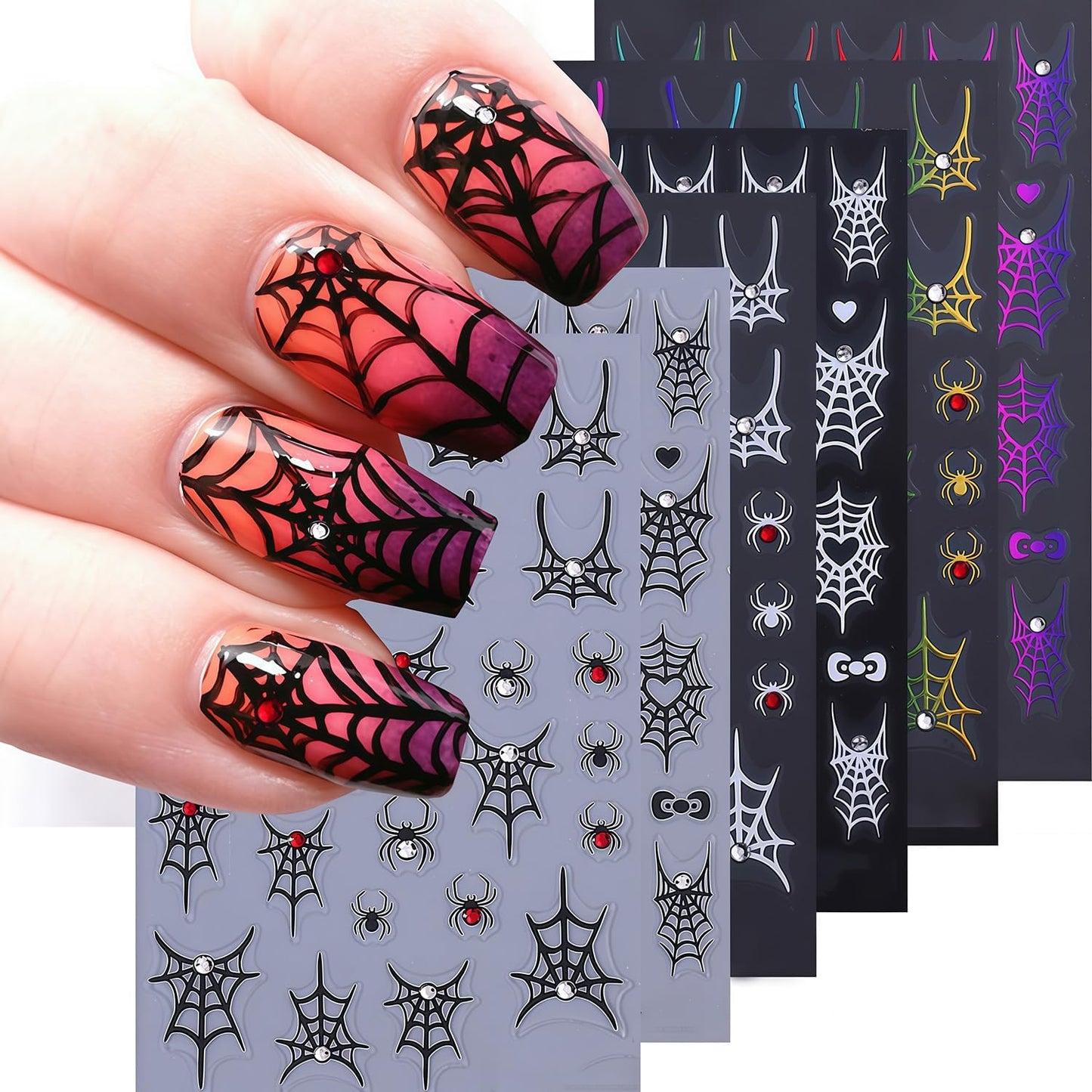 6 Sheets Shining Crystal Diamond Spider Web Nail Stickers for Nail Art Self-Adhesive Halloween Nail Decals Spider Web Spiders Stickers Fall Holiday DIY Manicure Decoration Supplies Sticker for Women