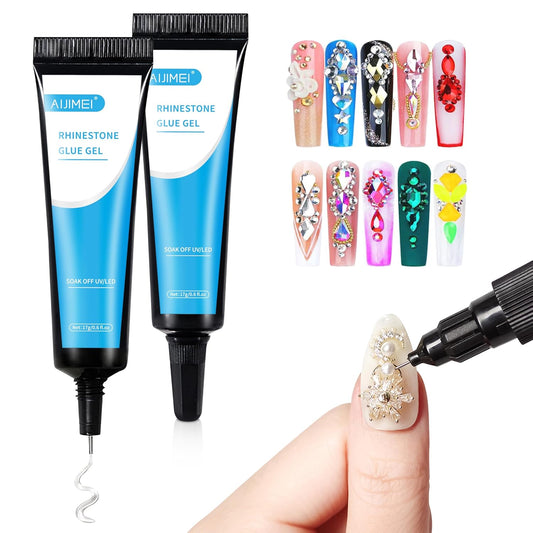AIJIMEI 17g Nail Rhinestone Glue Nail Glue for Decorations Nail Charm 3D Nails Rhinestone Gel for Gem Nail Art Jewel Diamonds Solid Nail Gel (2Pcs)