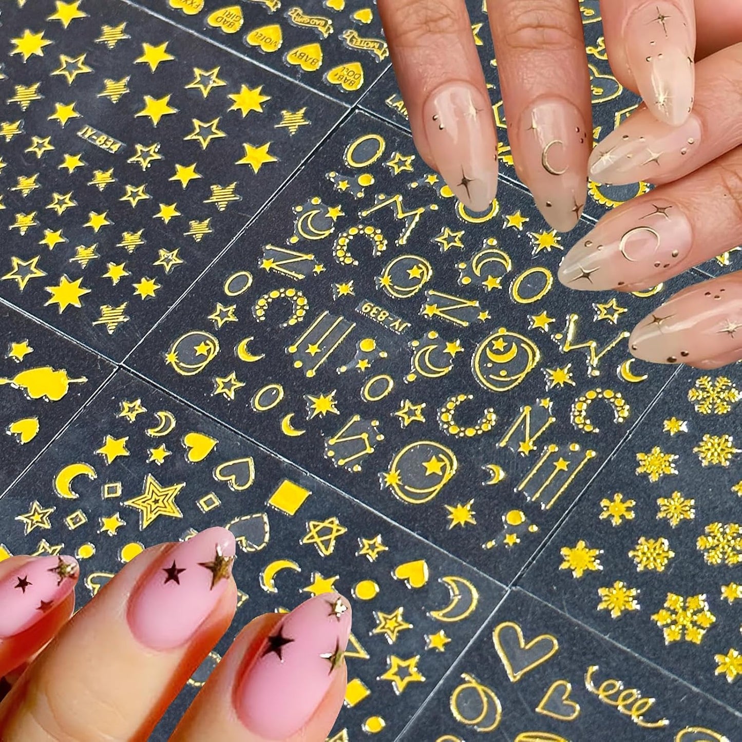 Gold Star Nail Art Stickers - 30 Sheets 3D Self-Adhesive Decals With Line and Heart Designs for Acrylic Nails - Art Supplies Decoration Accessories for Women