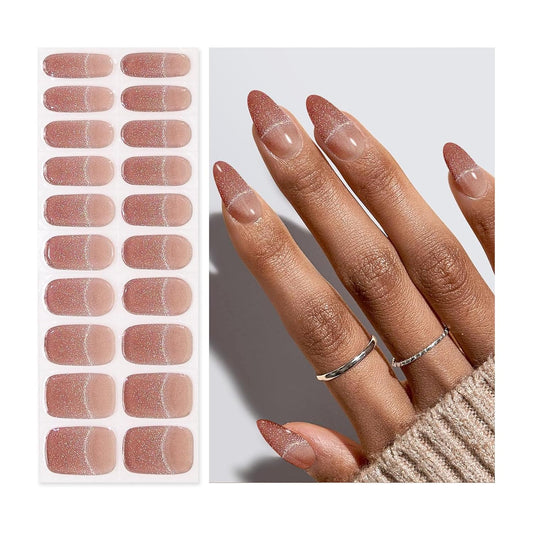 Semi Cured Gel Nail Strips | Built-In Gel Top Coat | UV Light Required | Salon Quality, Easy Application And Removal (Nude Glitter)