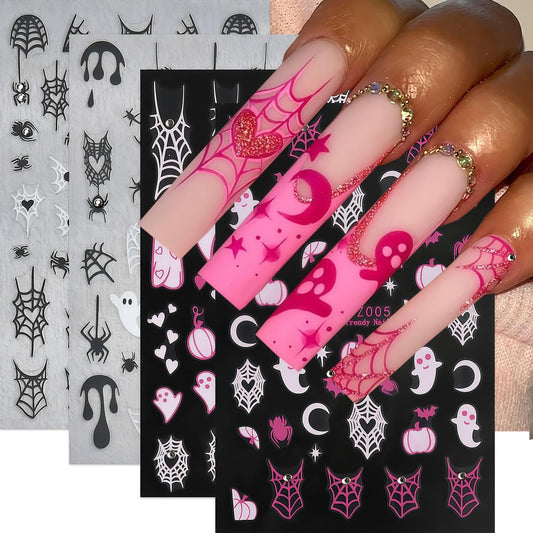 Halloween Nail Art Stickers Ghost Nail Decals Shiny Crystal Diamonds Rhinestones Spider Web Spooky Spider Nail Art Design Stickers Cute Fall Holiday Manicure Decoration for Salon Acrylic Nails
