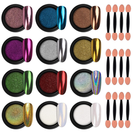 Artdone 12 Jars Chrome Nail Powder Magic White Pearl Kit Mirror Effect Silver Metallic Holographic Dip Nail Powder For Resin Craft & Nail Art Fimo, Decoration Iridescent Aurora Mermaid Pigment