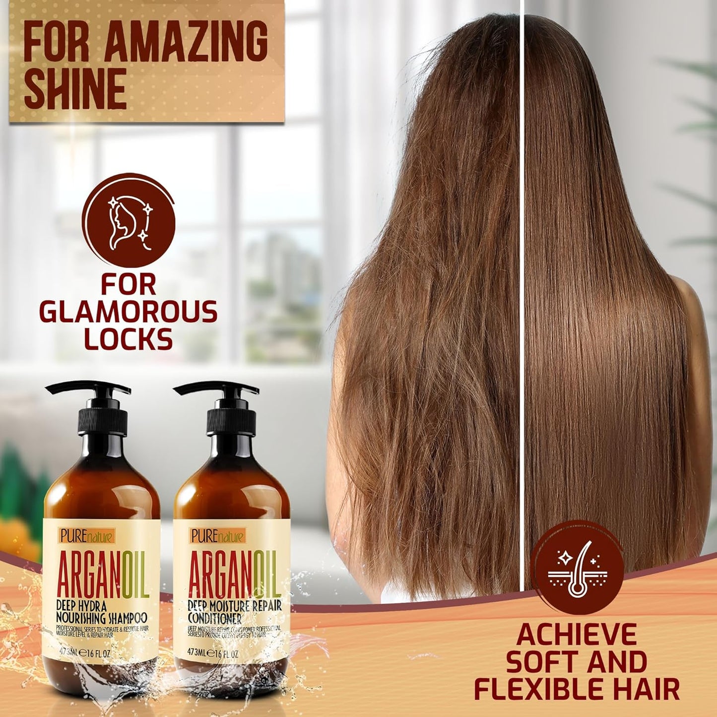 Argan Oil Shampoo and Conditioner Set - Sulfate Free Moroccan Care with Keratin - For Curly, Straight, Dry and Damaged Hair - Moisturizing, Hydrating, Anti Frizz Salon Technology