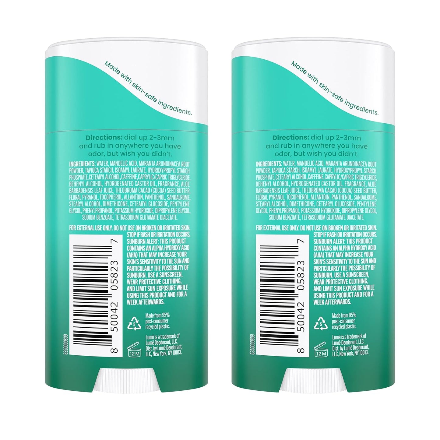 Lume Whole Body Deodorant - Invisible Cream Stick - 72 Hour Odor Control - Aluminum Free, Baking Soda Free, Skin Safe - 2.2 Ounce (Pack of 2) (Minted Cucumber)