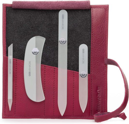 GERMANIKURE Gray Crystal Glass Nail File Set in Magenta Leather Case – Handmade in Czech Republic – Professional Manicure & Pedicure Supplies – Glass Cuticle Stick, Pusher, Moon File