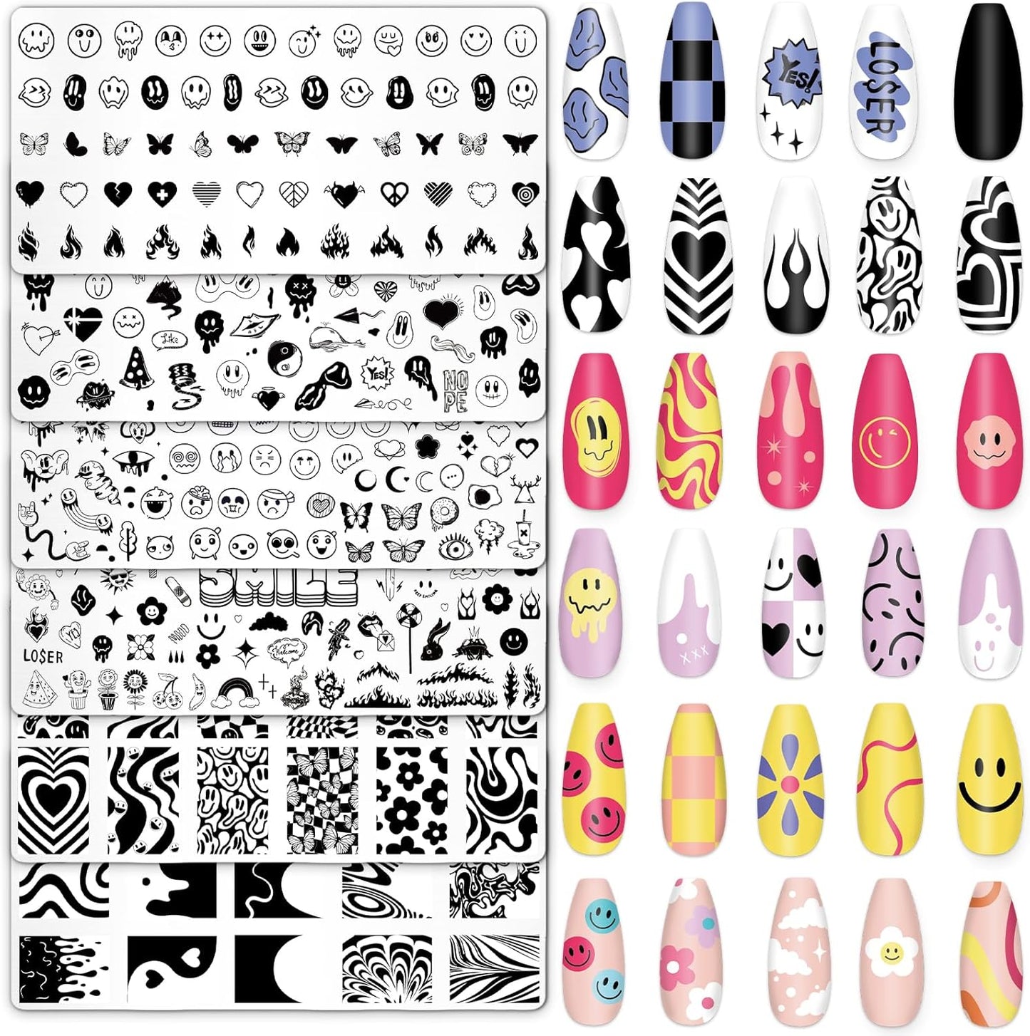 Whaline 6Pcs Smile Face Nail Plates Stamping Set Heart Butterfly Star Flower Smiling Stamp Templates Groovy Nail Art Plates for DIY Print Manicure Salon Design Gift Supplies