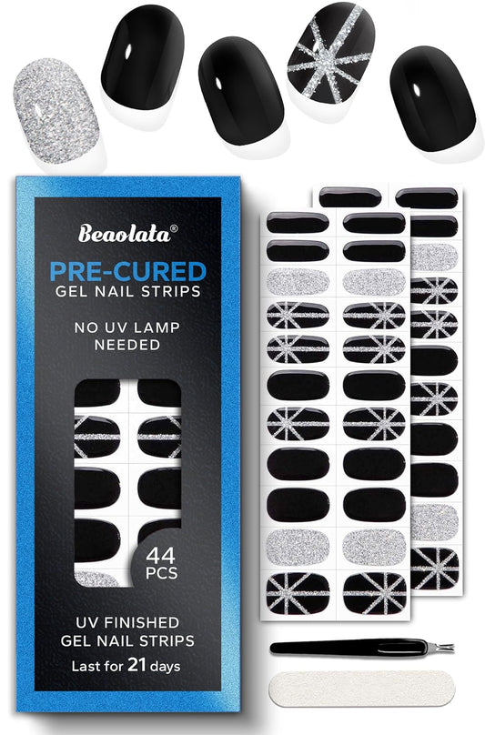 Pre Cured Gel Nail Strips - 44PCS Salon Quality Gel Nail Stickers - Long Lasting Polish Wraps for Women no UV Light Needed Easy Apply& Remove (Sultry Black）