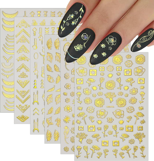 Gold Stickers for Nails - 10 Sheets 3D Self-Adhesive Flower, Leaf, and Geometry Designs - Manicure Art Supplies and Decorations for Women, Style5