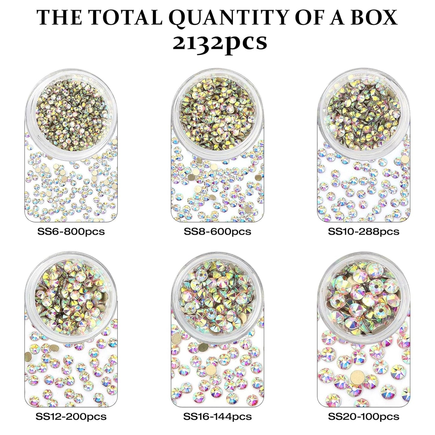 Novani Crystal AB Rhinestones Flat Back Round Rhinestone Style 2088 Sparkly Crystal Gemstones for Makeup Nail Art Crafting,Mixed Small Size(SS6-SS20)