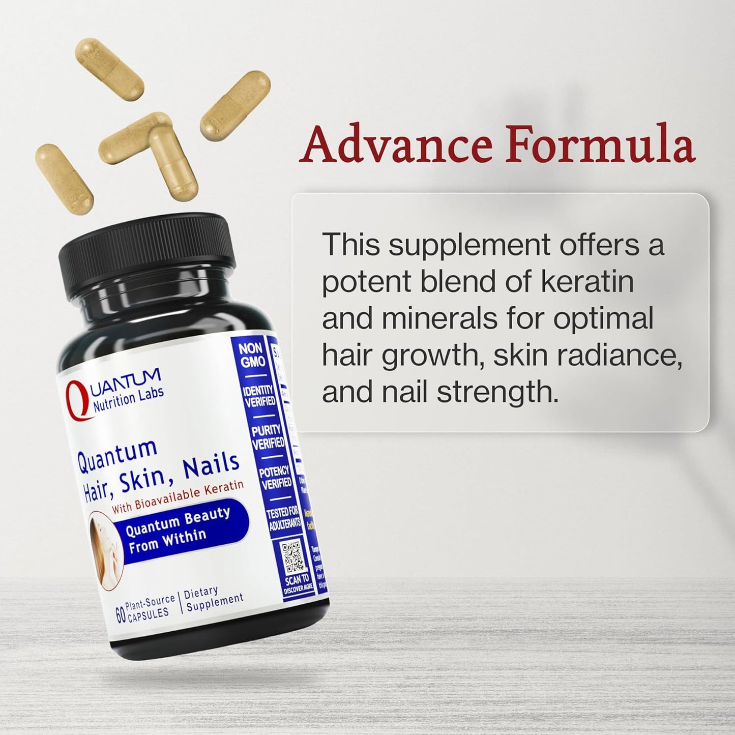 Quantum Nutrition Labs Hair Skin and Nails - Keratin Supplement, Hair Growth Supplement for Women & Men with Magnesium, Calcium, Beauty from Within for Hair, Skin and Nails - 60 Vegetarian Capsules