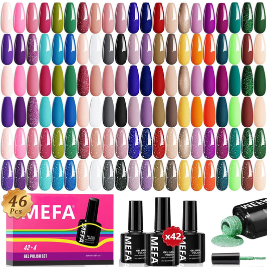 MEFA 46 Pcs Gel Nail Polish Set, 42 Colors All Seasons Nail Polish Set Colorful Begginer Kit with Base Coat & Glossy/Matte Top Coat, Gel Nail Art Manicure Salon DIY Gifts for Girls