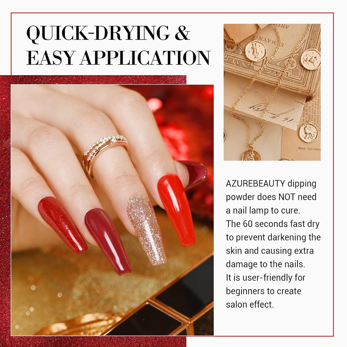 AZUREBEAUTY Dip Powder Nail Set, Red Burgundy Rose Berry Sparkle Milky Snow White Silver Glitter, 6 Colors Dipping Powder Starter Kit French Nail Art Manicure DIY Salon, No Need Nail Lamp Cured