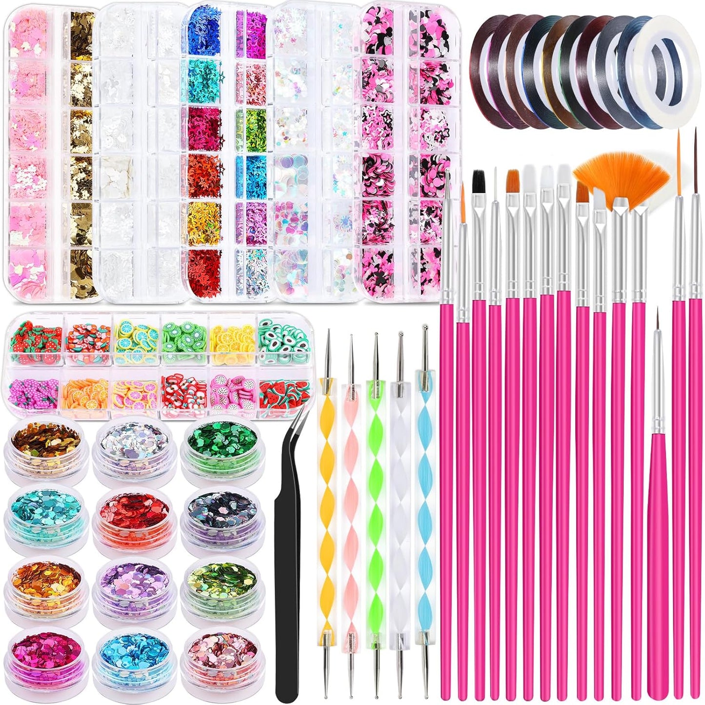 Nail Art Kit for Beginners with Nail Brushes Set and Dotting Tools, Jumbo Holographic Glitter Sequins Mixed Flower Heart Glitter Flake Colorful Striping Tape Fruit Slices with Tweezers (01-Rose)