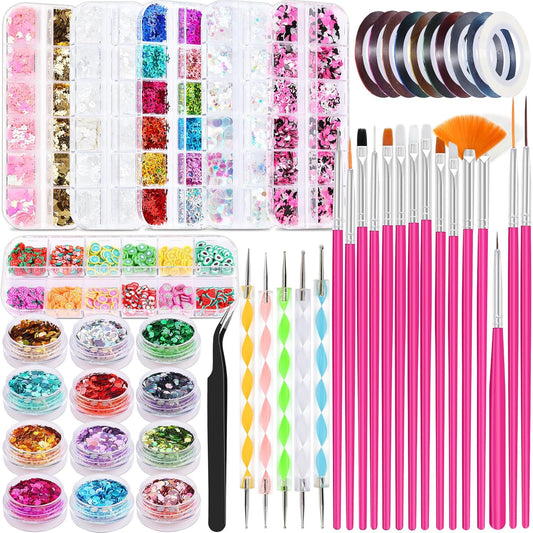 Nail Art Kit for Beginners with Nail Brushes Set and Dotting Tools, Jumbo Holographic Glitter Sequins Mixed Flower Heart Glitter Flake Colorful Striping Tape Fruit Slices with Tweezers (01-Rose)