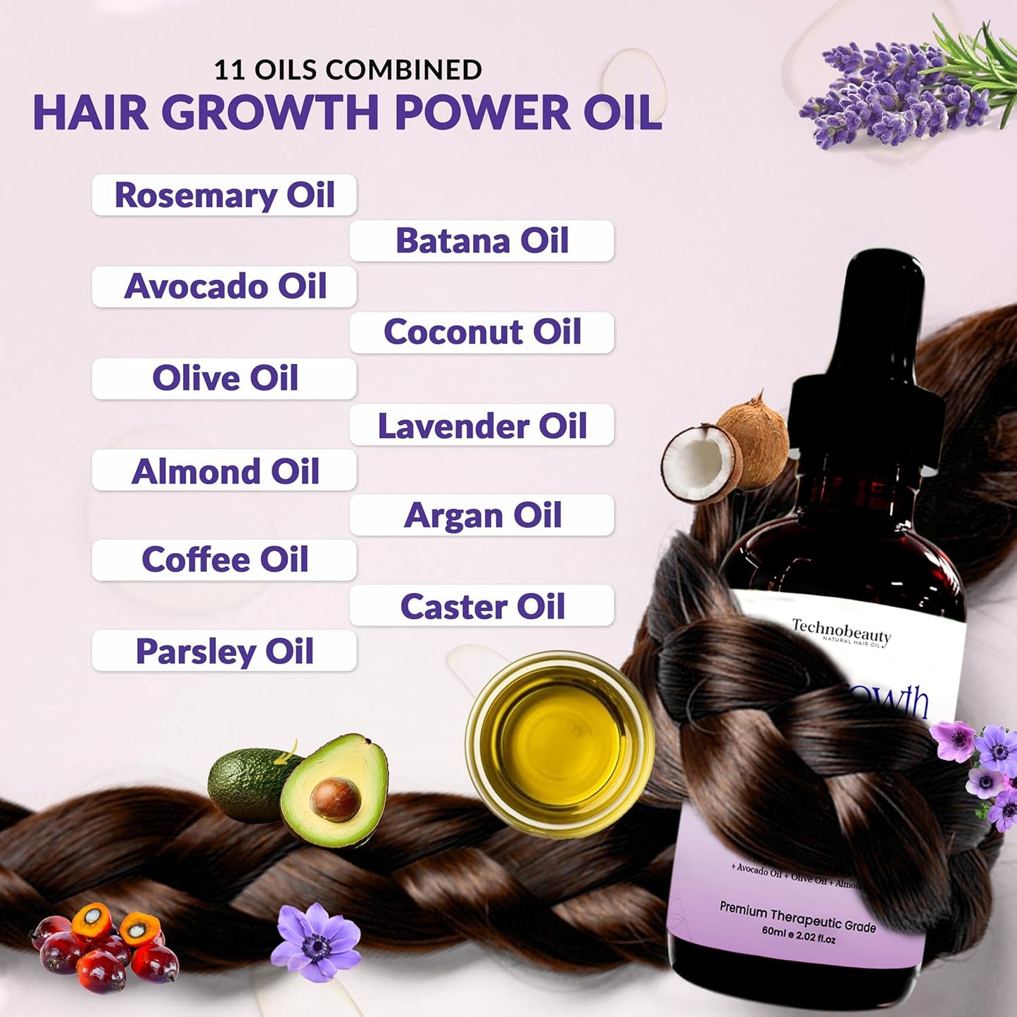 Rosemary Oil With Black Castor, Batana, Lavender, Coffee, Coconut, Argan, Avocado, Olive, Almond & Parsley Seed Oil, 11 Oils Infused for Ultimate Hair Growth & Care for Stronger, Thicker Hair