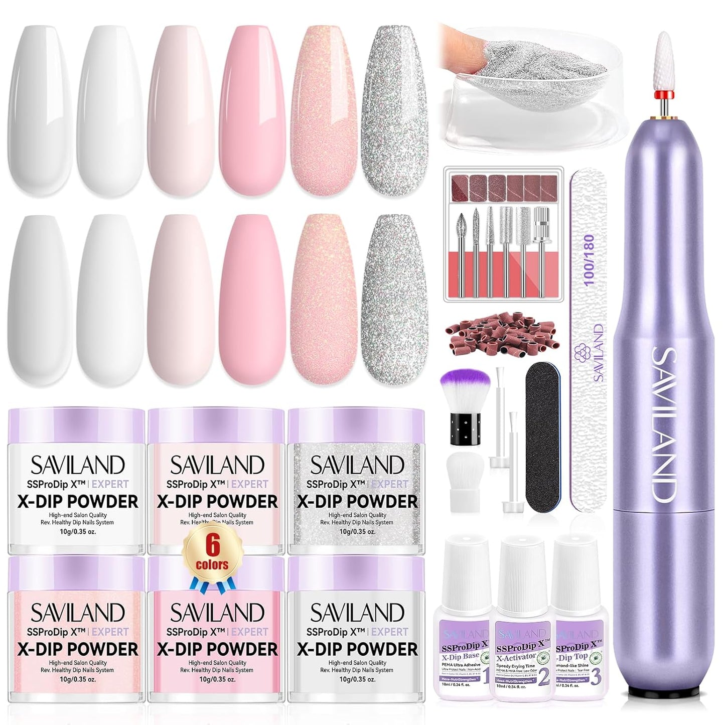 SAVILAND Dip Powder Nail Kit with Drill: 6 Color Dip Nails Powder Starter Kit Pink Nude Glitter Clear with Essentials Liquid Set Base Top Activator for French Manicure Beginner DIY Home