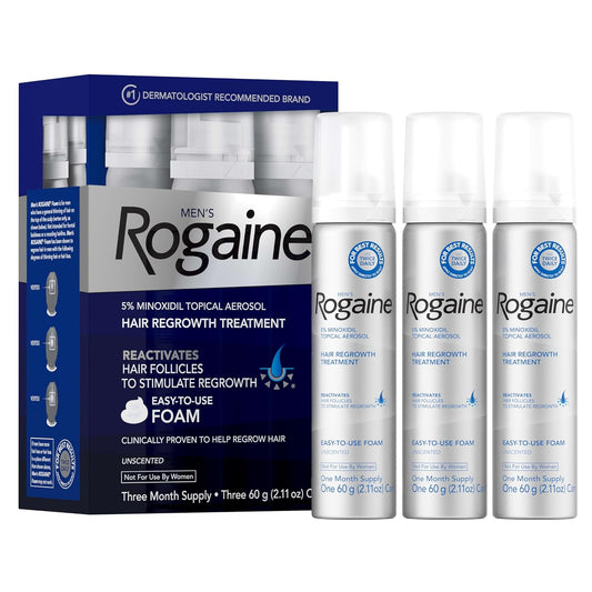 Men’s Rogaine 5% Minoxidil for Men Foam, Clinically Proven Regrowth for Thinning Hair, Topical Hair Loss Treatment, Unscented Topical Aerosol, Results in 8–16 Weeks, 3-Month Supply, 3 x 2.11 oz