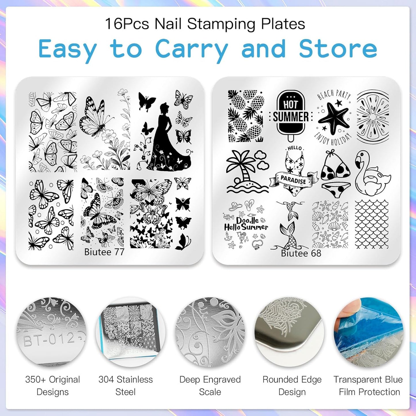 Biutee Nail Stamping Kit 12Pcs Nail Art Stamp Plates 8 Colors Stamping Polish Gel Silicone Stamper Scraper with Storage Bag, Nail Stamping Plate Lace Star Rose Plaid Template Halloween Design Gift