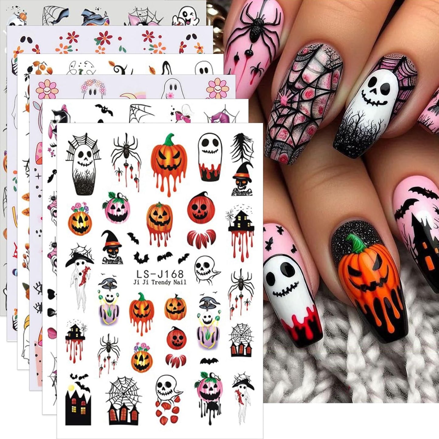Spooky Nail Stickers Halloween Pumpkins Nail Decals 6PCS Self-Adhesive Flower Bat Spider Web Mushroom Skull Ghost Design Nail Art Supplies Festive DIY Manicure Decorations for Women Salon Manicure Kit