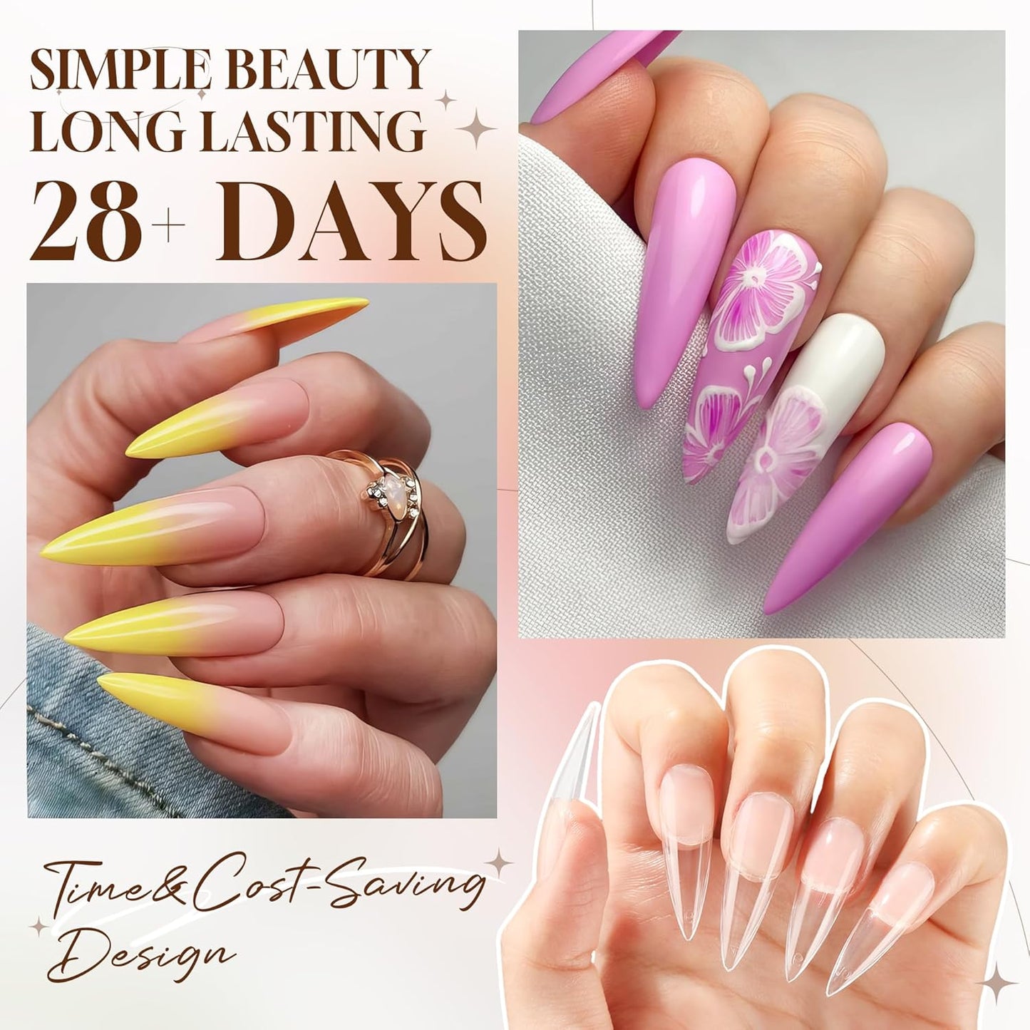 UNA GELLA Clear Stiletto Fake Nails - 216pcs Extra Long Full Cover Gel Nail Tips - 12 Sizes for Nail Extension, No Filing Needed - Home DIY Salon Gelly Tips