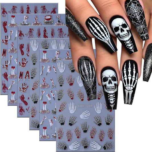 6 Sheets Halloween Nail Art Stickers 3D Self -Adhesive Bloods Hand Skeleton Nail Decals Holographic Blood Knives Nail Stickers Halloween Nail Decoration for Women Manicure Supplies