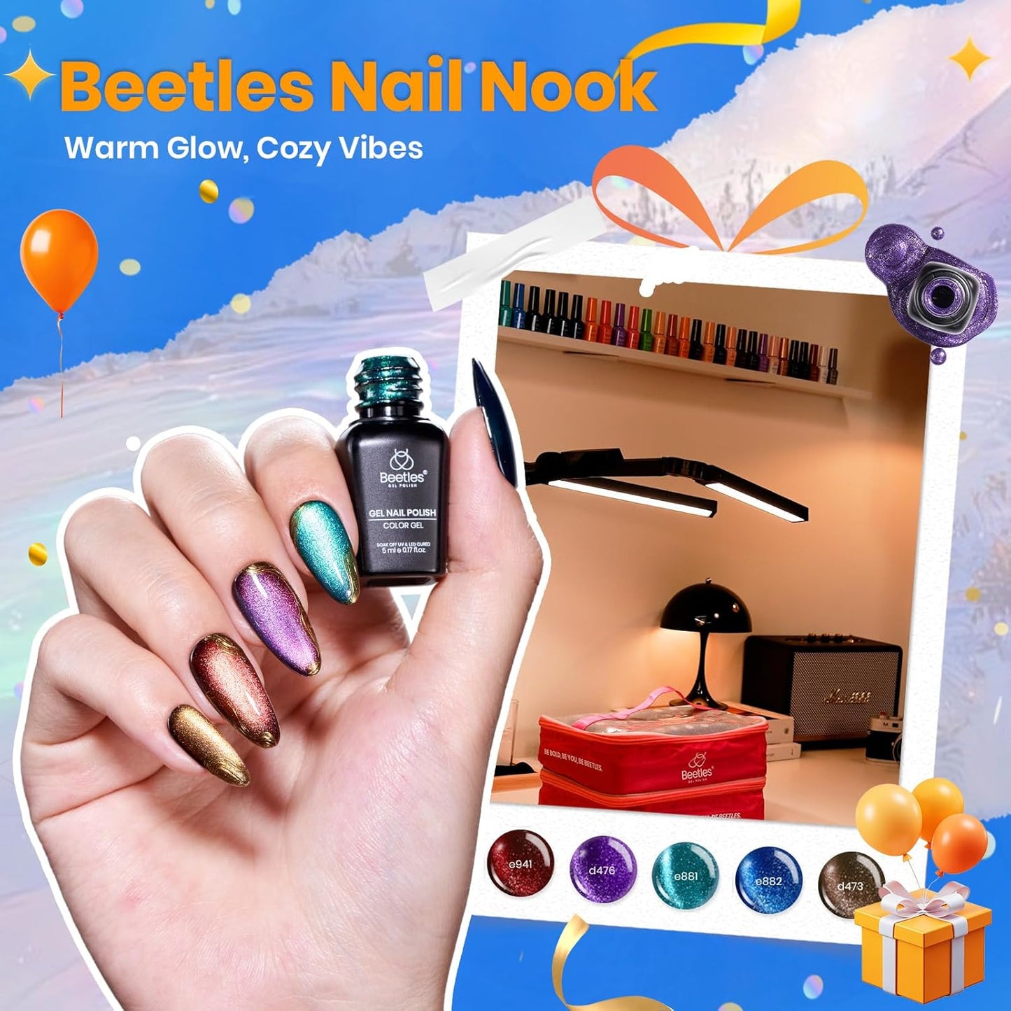 Beetles Fall Nail Fest Gel Nail Polish Set - Nail Nook 119 PCS 100 Colors Gel Polish Kit Base Glossy Matte Glitter Top Coat Neon Glitter Pearl Cat Eye White Red Pink Nude Nails Gift for Women