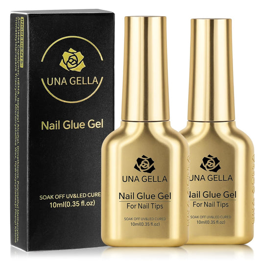 UNA GELLA 6 in 1 Gel Nail Glue for Acrylic Nails Tips 2 Pcs 10ml Super Strong Nail Glue Long Lasting Brush On Nail G el Glue Curing Needed U V for Base Coat, Soft Gel Nail Tips, Clear Press on Nails