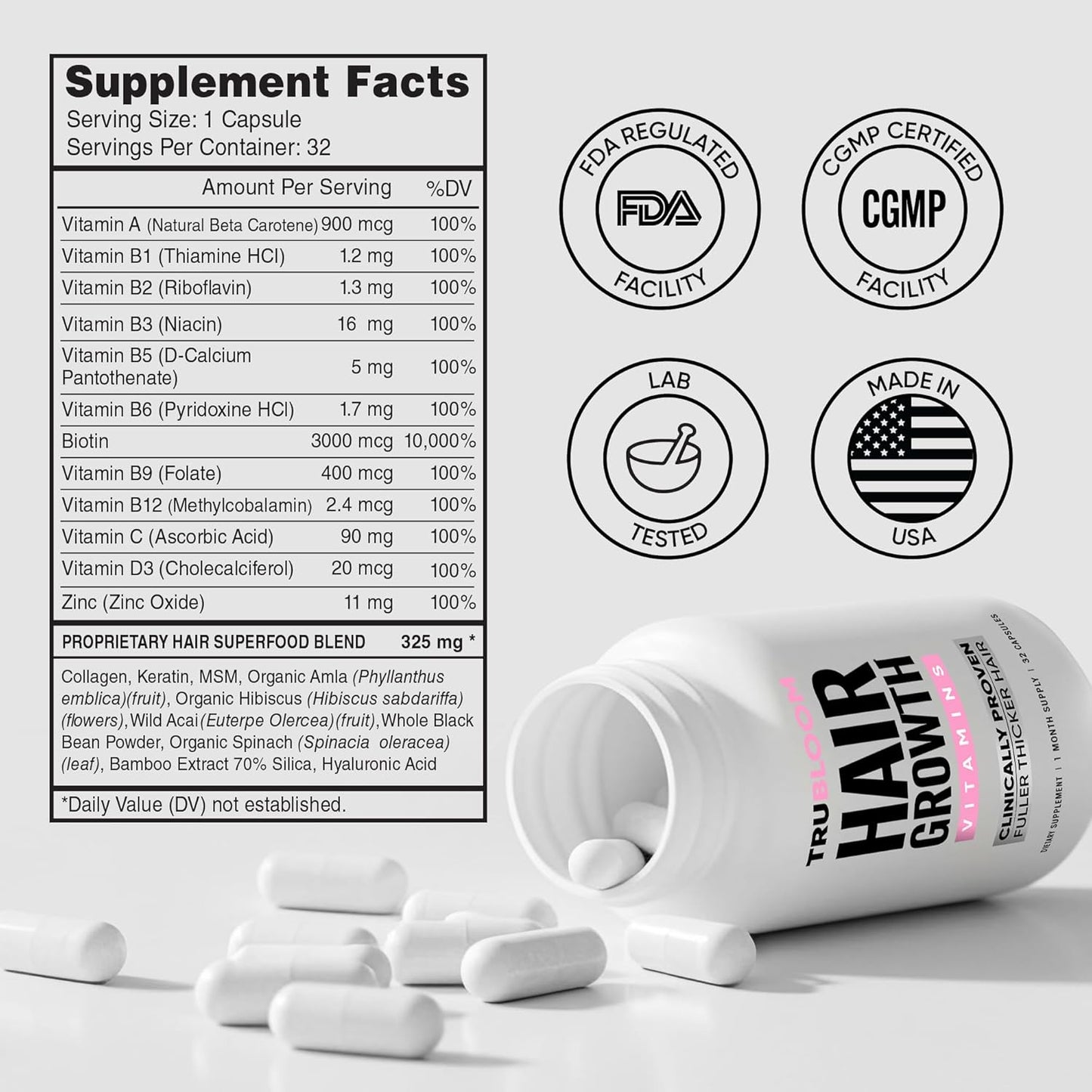 Tru Bloom Hair Growth Vitamins - 1 Month Supply. Clinically Proven to Grow Fuller, Thicker Hair. Natural & Drug-Free with Biotin, MSM, Zinc, D3 + Hair Superfoods. Non GMO