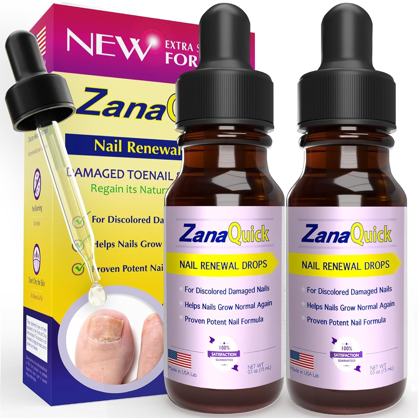ZanaQuick Extra Strength Toenail & Fingernail Repair Drops - Nail Care Renewal for Thick, Damaged & Discolored Nails - 2 Pack