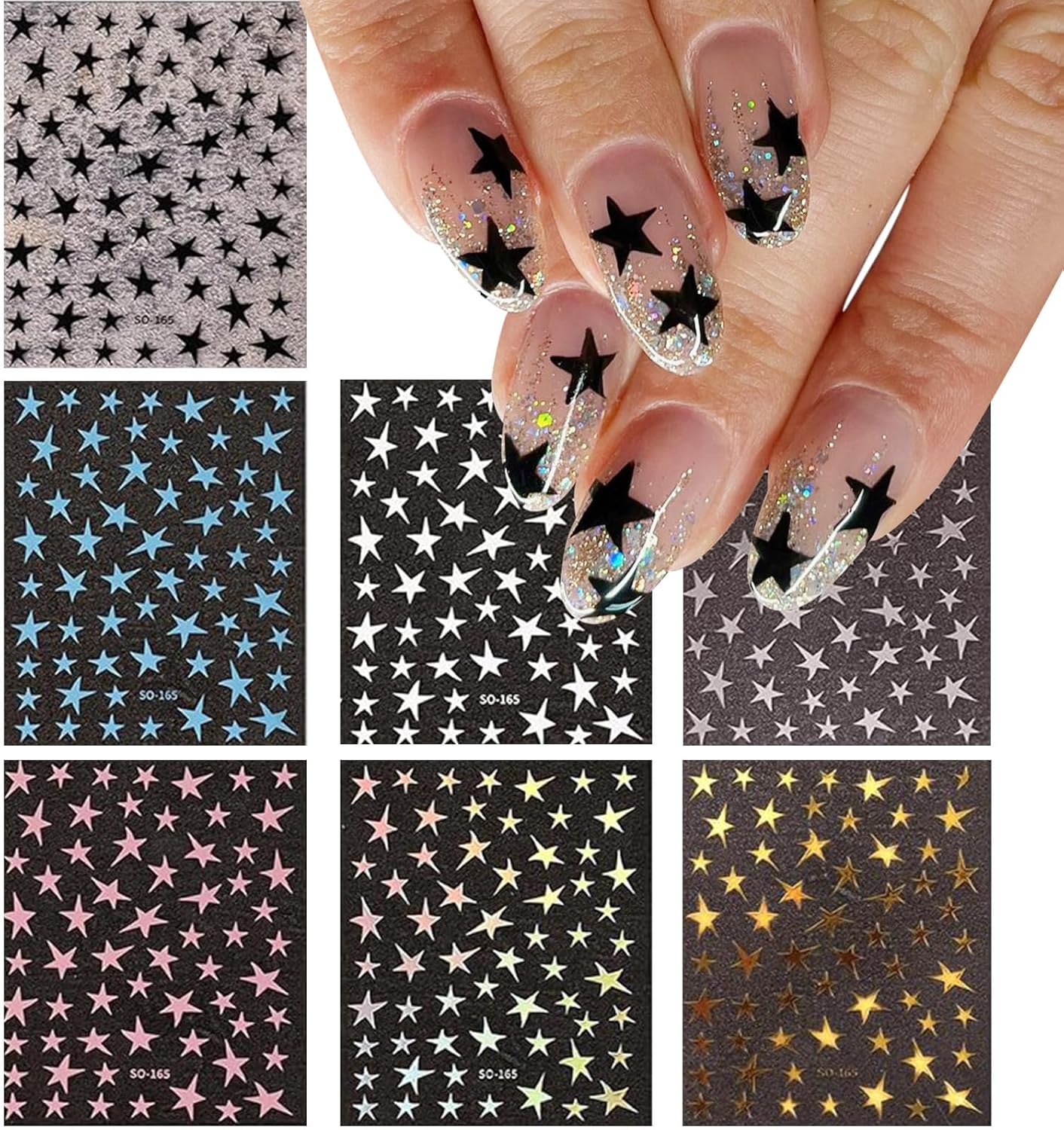 7 Sheets Star Nail Art Stickers - Gold, Silver, White, Black 3D Self-Adhesive Decals for Manicure Decorations - Nail Designs and Supplies for Women