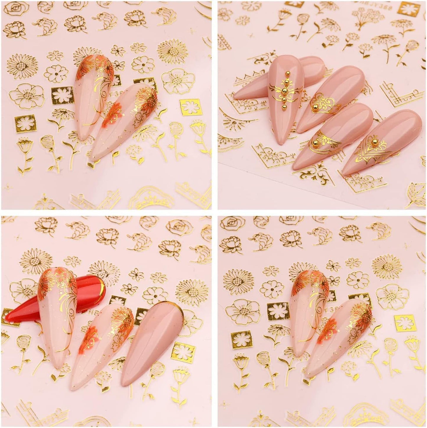 Flowers Nail Art Stickers Decal 3D Self-Adhesive Gold Flower Leaf Lace Nail Supplies Flower Nail Stickers Geometry Line Nail Designs for Women Girls Nail Art Decorations(Gold)