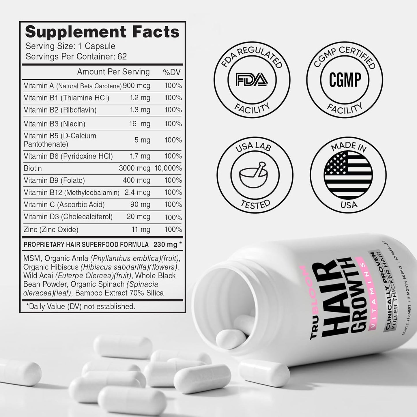 St. Tropica Tru Bloom Hair Growth Vitamins - 2 Month Supply. Clinically Proven to Grow Fuller, Thicker Hair. Natural & Drug-Free with Biotin, MSM, Zinc, D3 + Hair Superfoods. Non GMO