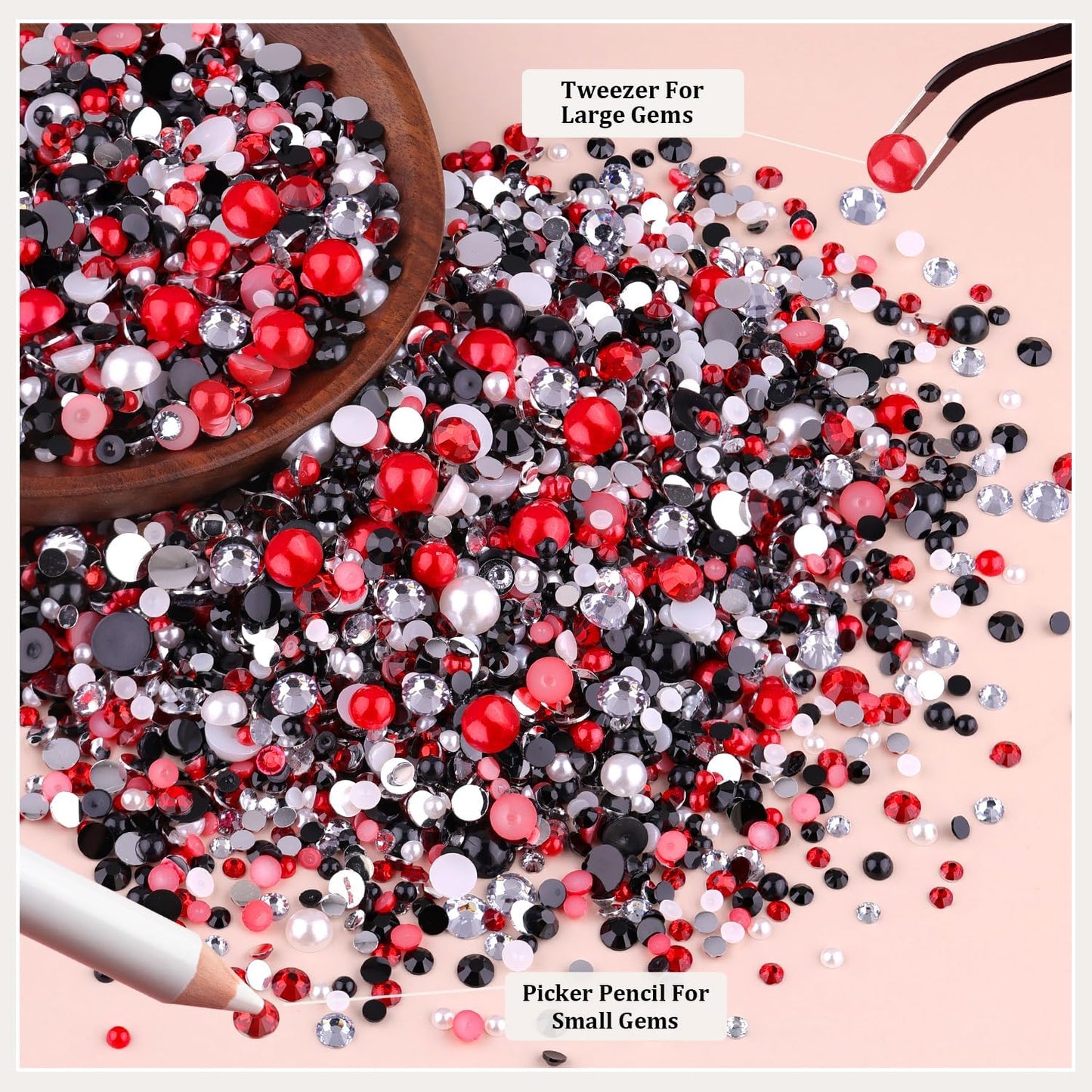 9000PCS Flatback Pearls and Rhinestones for Crafting, Red White Black Mixed Size 3-10mm Resin Rhinestones and Half Pearls for Bedazzling, Nail Art and Decoration with Tweezer and Pickup Pencil