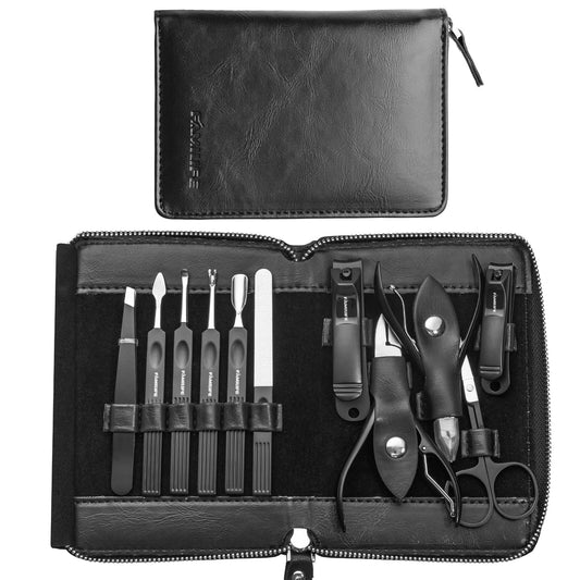 FAMILIFE Professional Manicure Set, Manicure Kit, Nail Clippers Set, 11 in 1 Stainless Steel Black Pedicure Tool, Nail Kit with Portable Leather Travel Case Luxury Gifts
