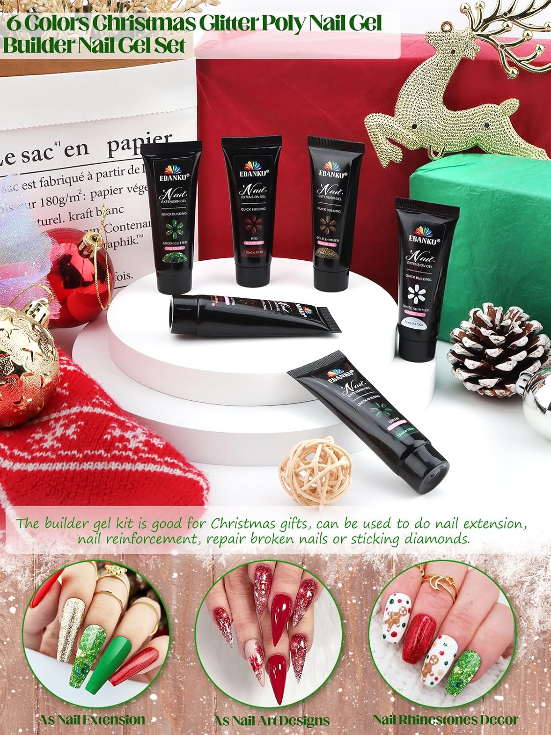 Poly Nail Extension Gel Kit -EBANKU Christmas 6 Colors Poly Nail Gel White Green Red Glitter Golden Classic Colors Christmas Builder Nail Gel Manicure Gift for Nail Art Decoration DIY at Home