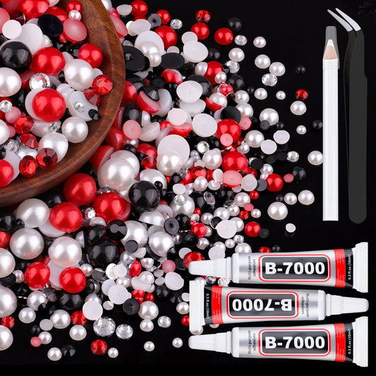 80g Flatback Pearls and Rhinestones for Crafting, Red White Black 3-10mm Resin Rhinestones and Half Pearls for Bedazzling, Nail Art and Dec with 3pcs 10ml B7000 Jewelry Glue, Tweezer and Pickup Pencil