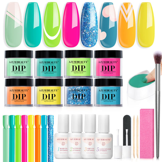 AZUREBEAUTY Dip Nails Powder Starter Kit, Summer Bright Pink Green Series Friendly Acrylic Dip Powder for French Nail Art Manicure,Gift for Women,Air-dry No Nail Lamp Needed