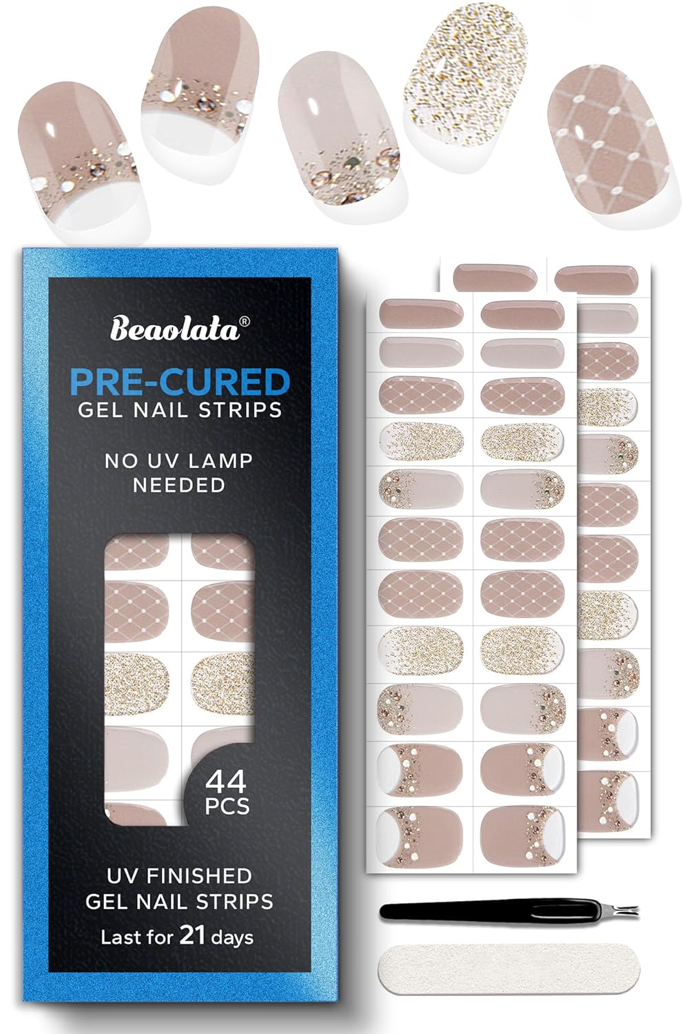 Pre Cured Gel Nail Strips - 44PCS Salon Quality Gel Nail Stickers - Long Lasting Polish Wraps for Women no UV Light Needed Easy Apply& Remove (Beige Nude）