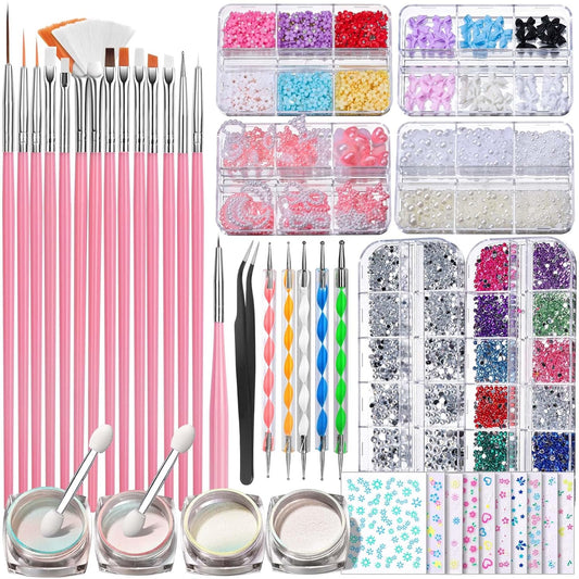 FANDAMEI Nail Art Brushes Set, Nail Art Kit, Nail Design Kit, Nail Dotting Tools, Nail Kit for Beginners, Chrome Nail Powder, Nail Stickers, Nail Rhinestones, Nail Charms Gems Nail Art Decoration Kit
