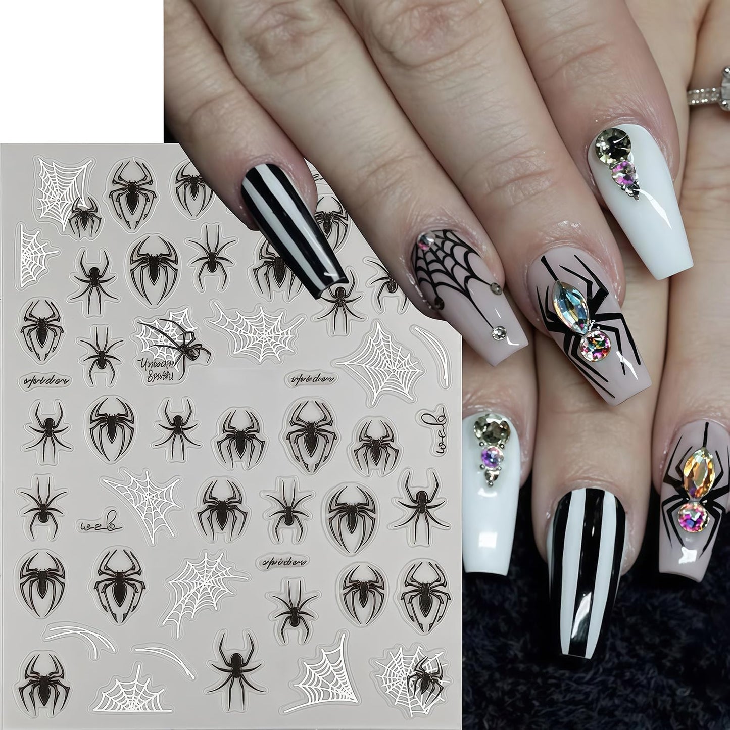 Halloween Spider for Nails Stickers Holiday Nail Decals 3D Self-Adhesive Black and White Spider Web Stickers Halloween Nail Art Sticker for Women Girls DIY Manicure Nails Accessories