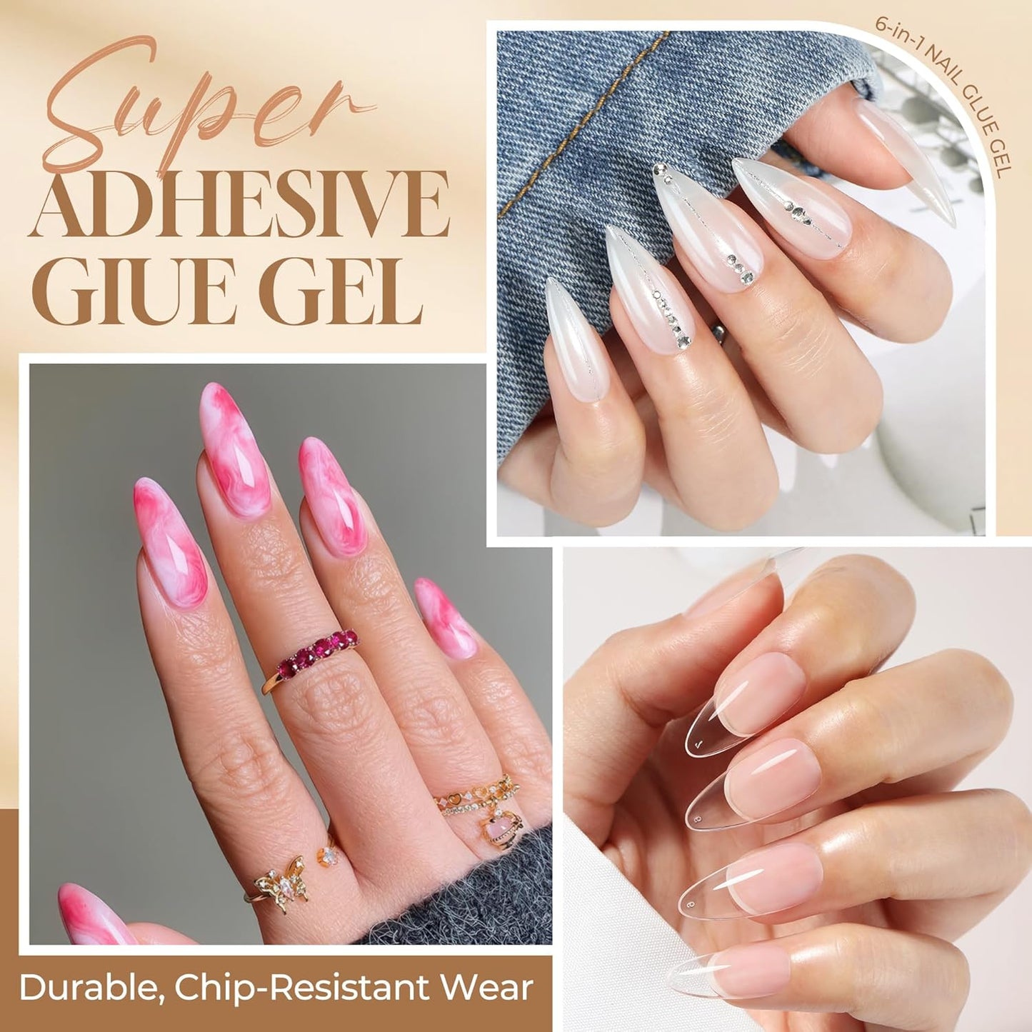 UNA GELLA 6 in 1 Gel Nail Glue for Acrylic Nails Tips 2 Pcs 10ml Super Strong Nail Glue Long Lasting Brush On Nail G el Glue Curing Needed U V for Base Coat, Soft Gel Nail Tips, Clear Press on Nails